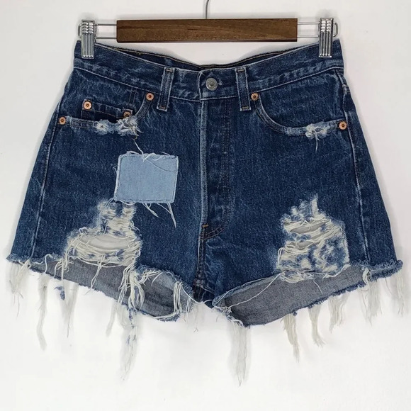 Levi's 501 Distressed Frayed Hem Patchwork High Waist Denim Shorts - Picture 1 of 9